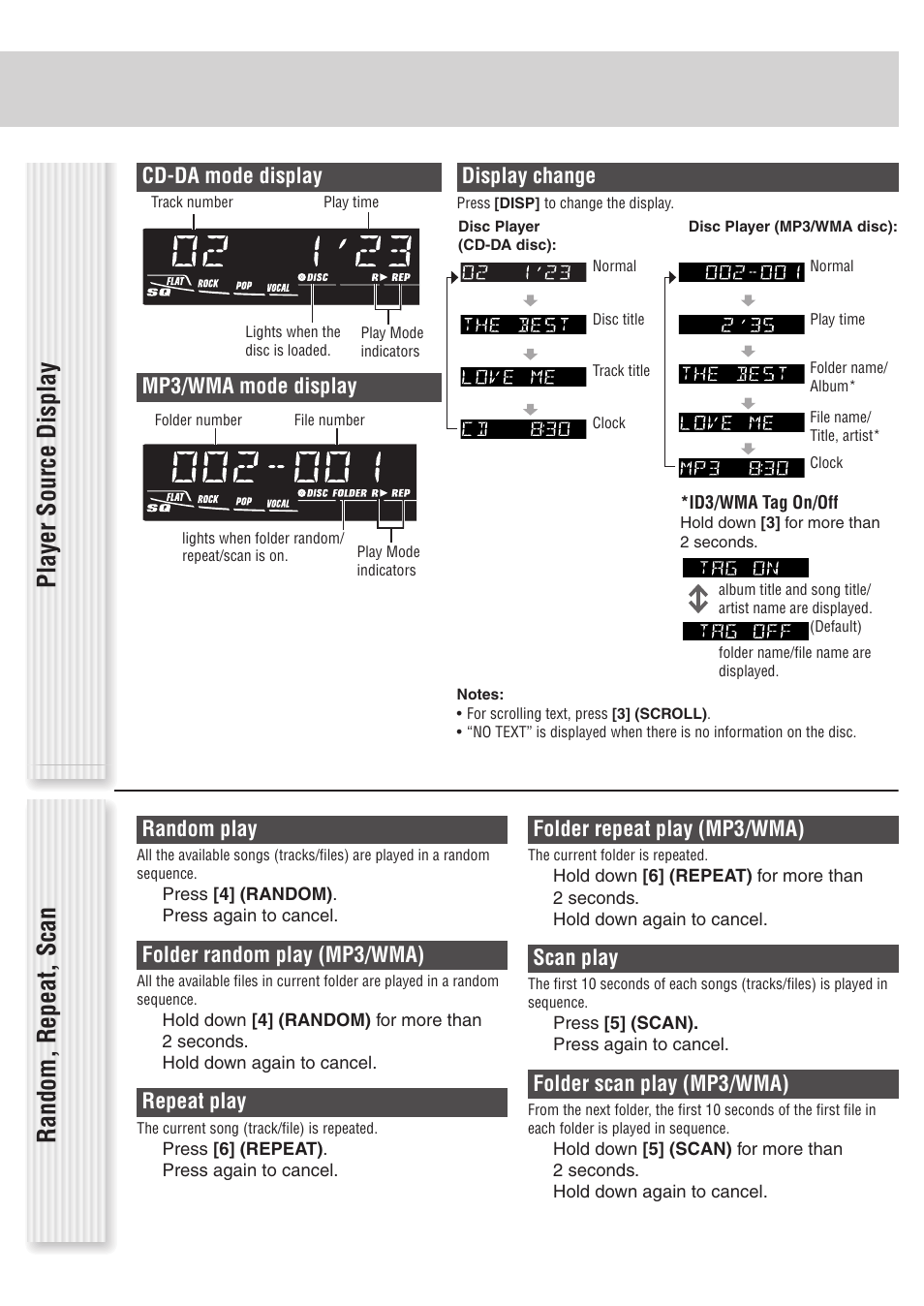 Player source display random, repeat, scan, Display change, Random play | Folder random play (mp3/wma), Repeat play, Folder repeat play (mp3/wma), Scan play, Folder scan play (mp3/wma), Cd-da mode display, Mp3/wma mode display | Panasonic C1305L User Manual | Page 17 / 24
