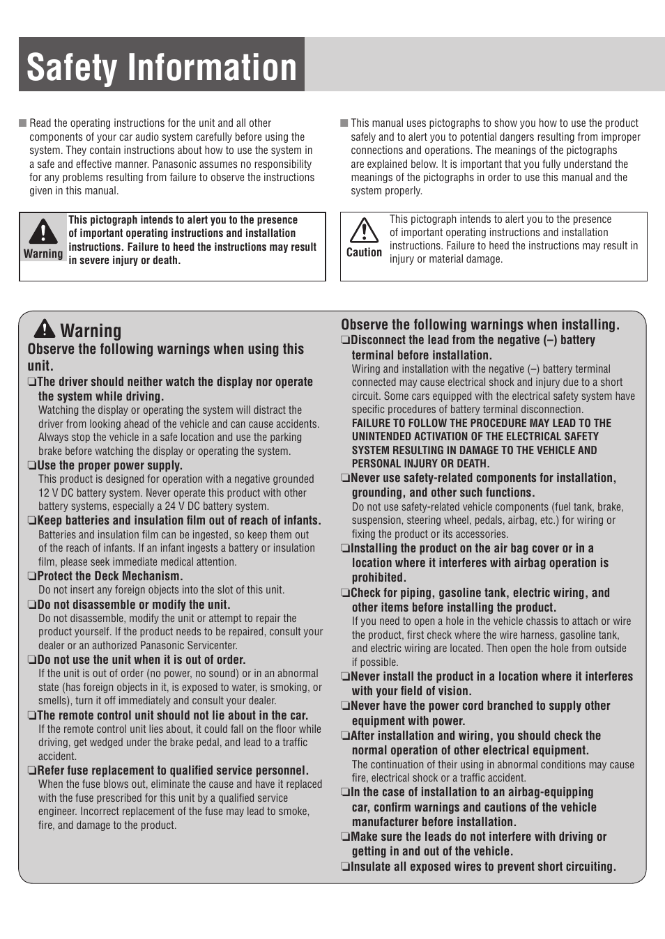 Safety information, Warning | Panasonic C1305L User Manual | Page 2 / 24