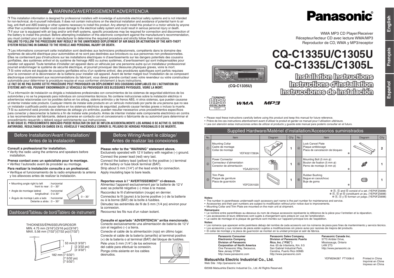 Installation instructions, Model, English français español | Warning/avertissement/advertencia | Panasonic C1305L User Manual | Page 21 / 24