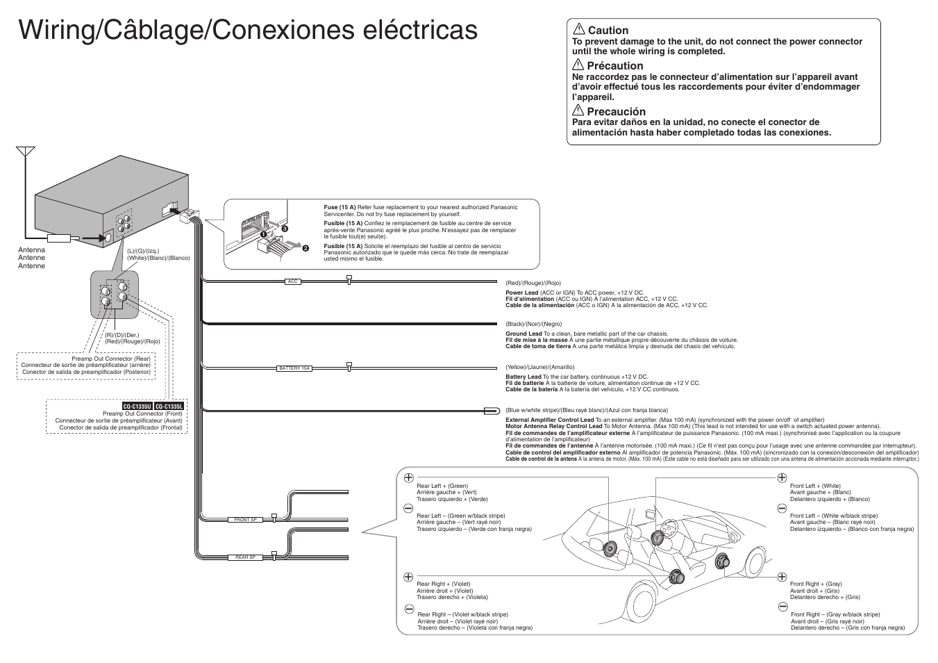 Wiring/câblage/conexiones eléctricas, Caution, Précaution | Precaución | Panasonic C1305L User Manual | Page 23 / 24