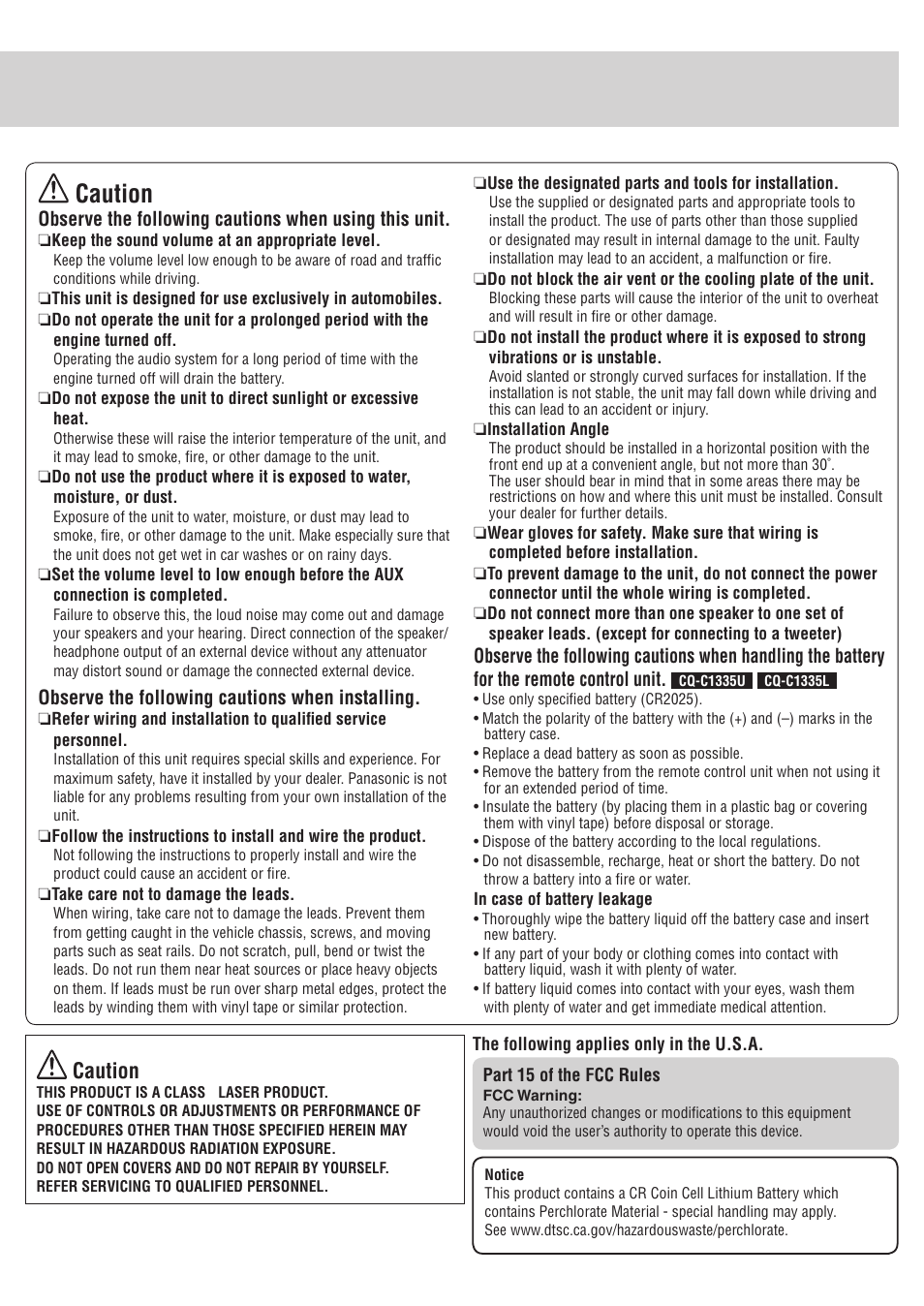 Caution, Observe the following cautions when installing | Panasonic C1305L User Manual | Page 3 / 24