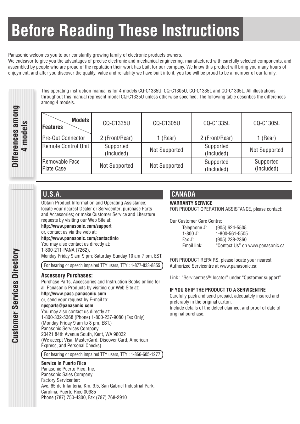Before reading these instructions, U.s.a, Canada | Panasonic C1305L User Manual | Page 4 / 24