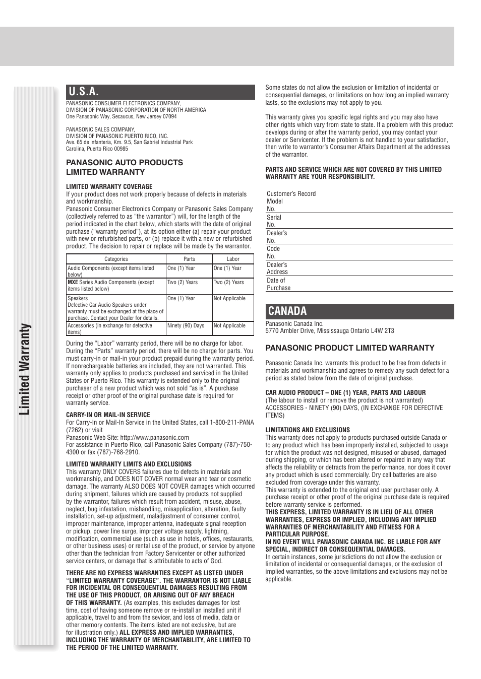 Limited w arranty, U.s.a, Canada | Panasonic C1305L User Manual | Page 5 / 24