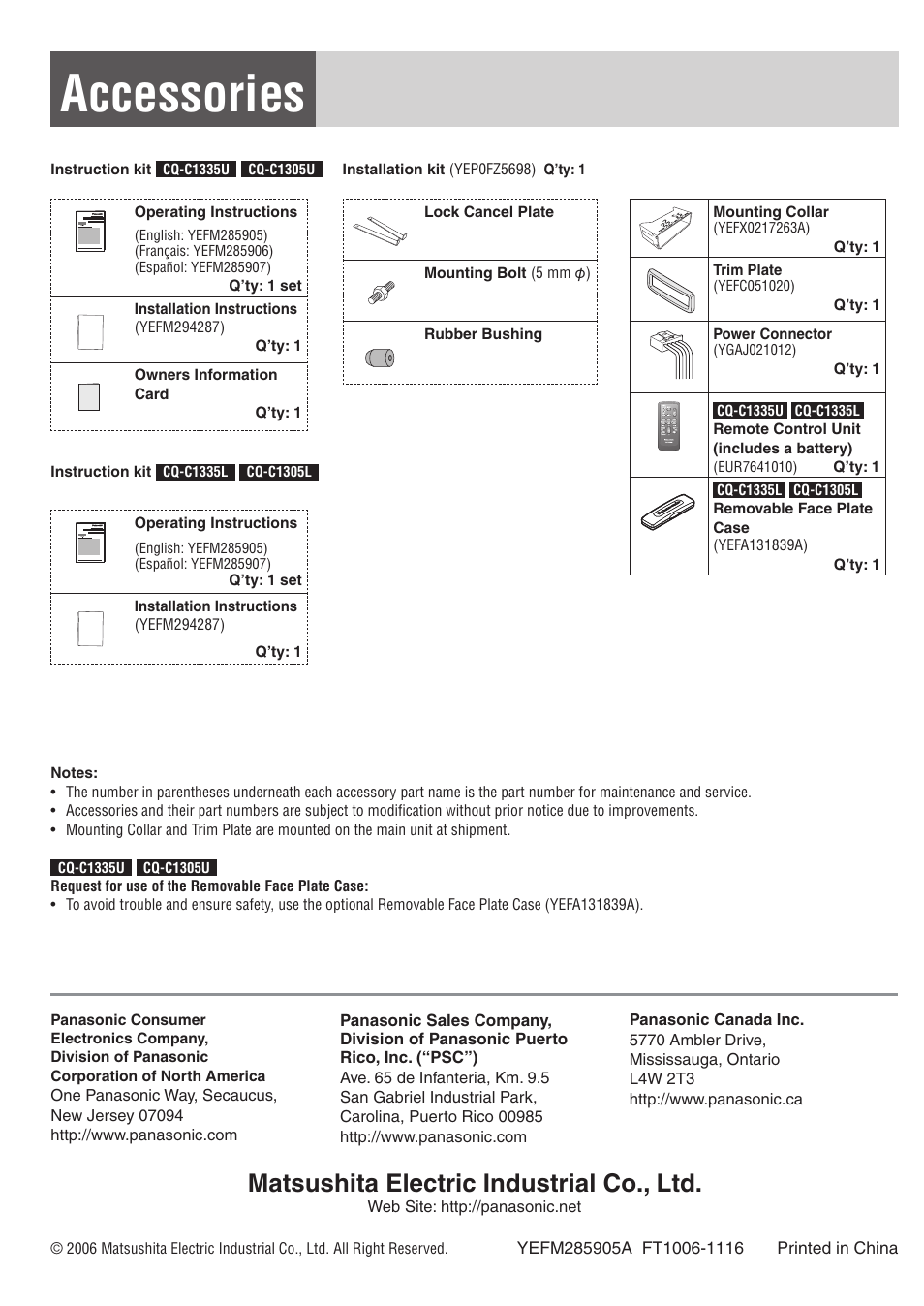 Accessories, Matsushita electric industrial co., ltd | Panasonic C1305L User Manual | Page 6 / 24