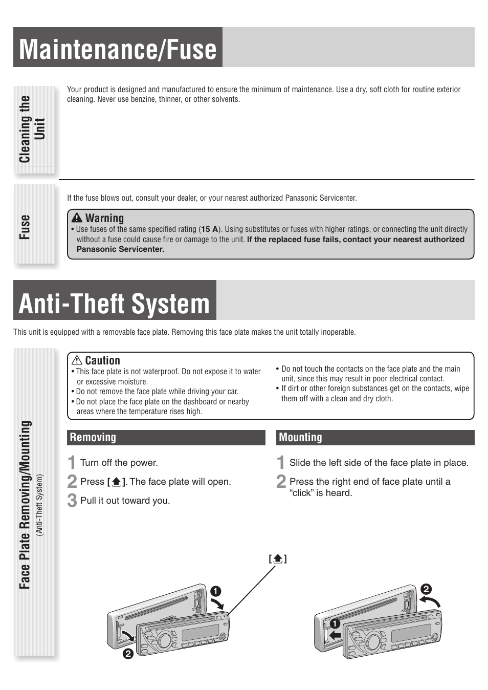 Maintenance/fuse, Anti-theft system | Panasonic C1305L User Manual | Page 8 / 24