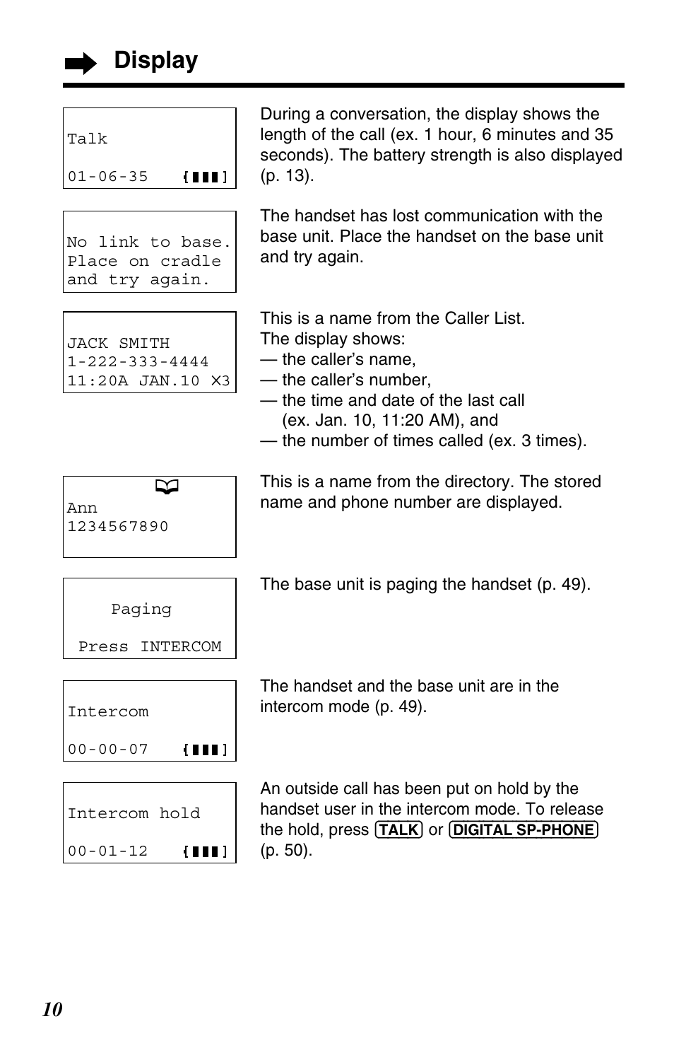 Display | Panasonic KX-TG2563F User Manual | Page 10 / 68