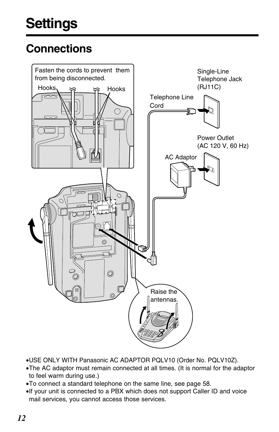 Settings, Connections | Panasonic KX-TG2563F User Manual | Page 12 / 68