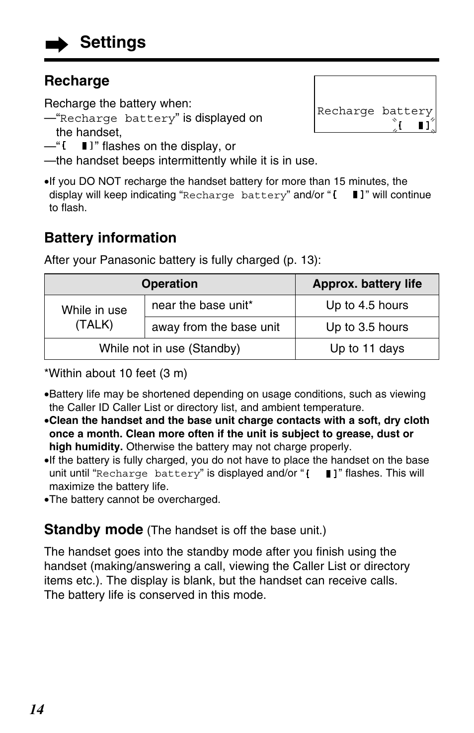 Settings, Recharge, Battery information | Standby mode | Panasonic KX-TG2563F User Manual | Page 14 / 68