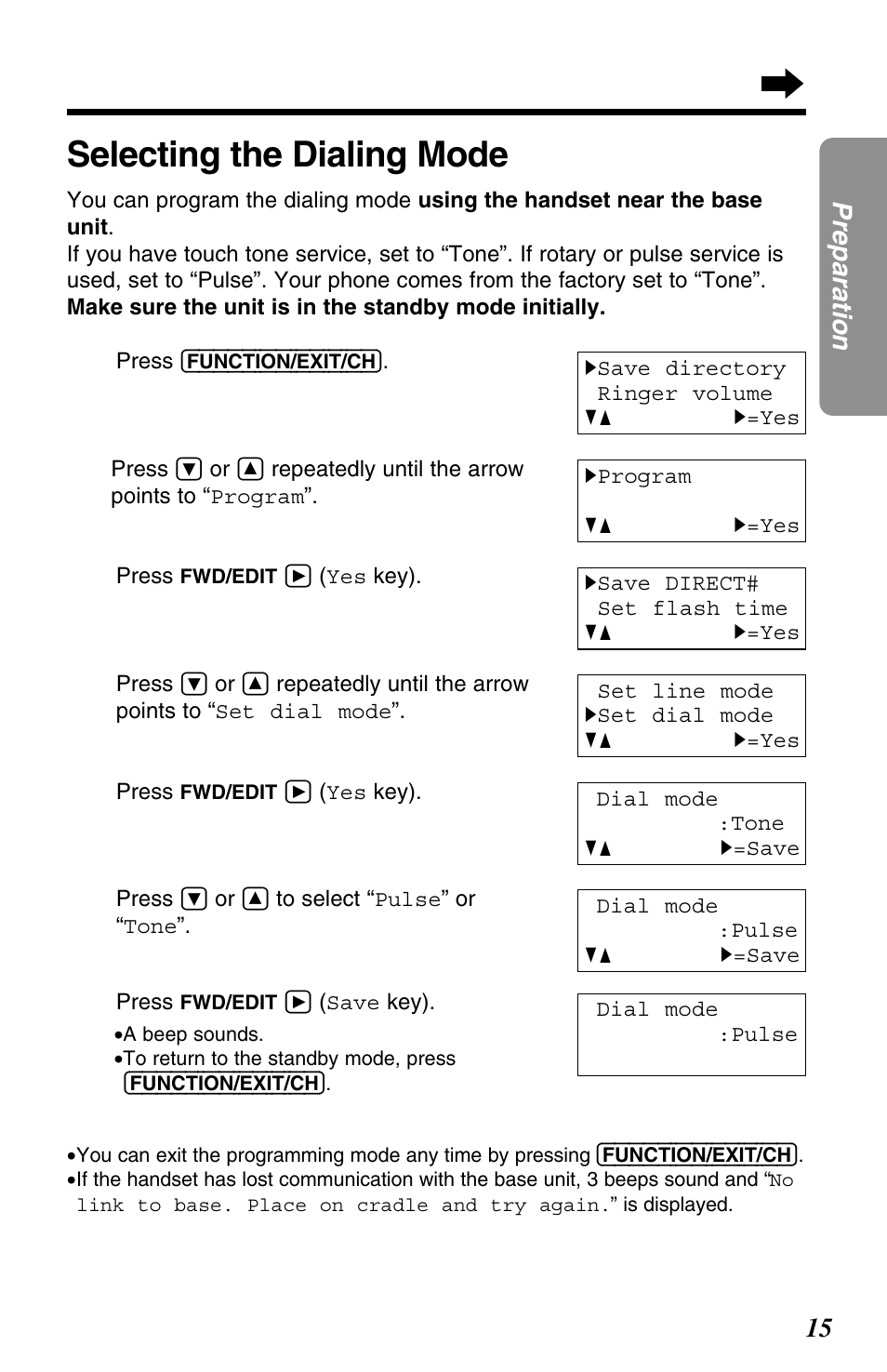 Selecting the dialing mode | Panasonic KX-TG2563F User Manual | Page 15 / 68