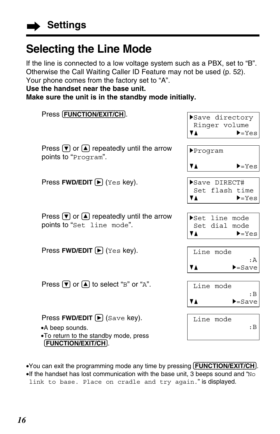 Selecting the line mode, Settings | Panasonic KX-TG2563F User Manual | Page 16 / 68