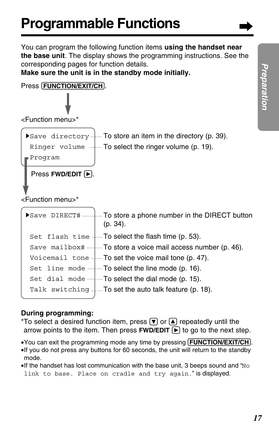 Programmable functions, 17 preparation | Panasonic KX-TG2563F User Manual | Page 17 / 68