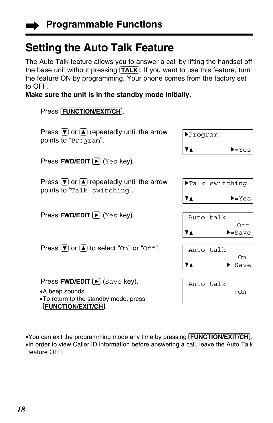 Setting the auto talk feature, Programmable functions | Panasonic KX-TG2563F User Manual | Page 18 / 68