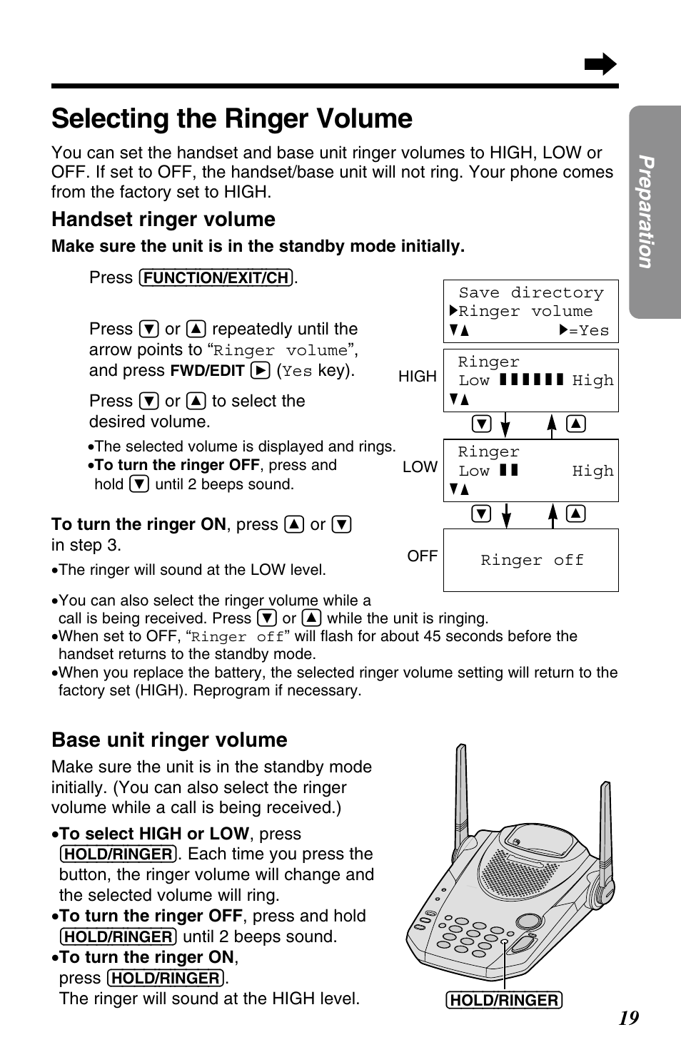 Selecting the ringer volume | Panasonic KX-TG2563F User Manual | Page 19 / 68