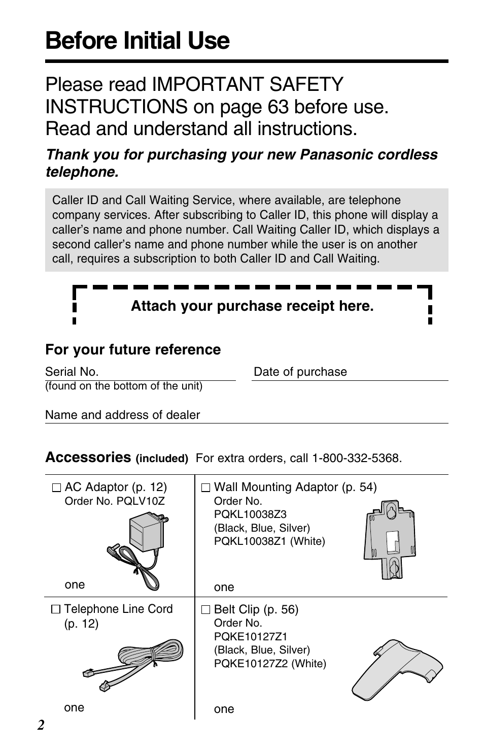Before initial use | Panasonic KX-TG2563F User Manual | Page 2 / 68