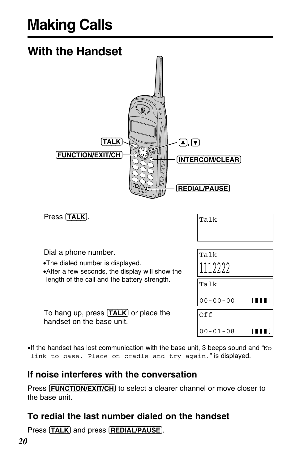 Basic operation, Making calls, With the handset | Panasonic KX-TG2563F User Manual | Page 20 / 68