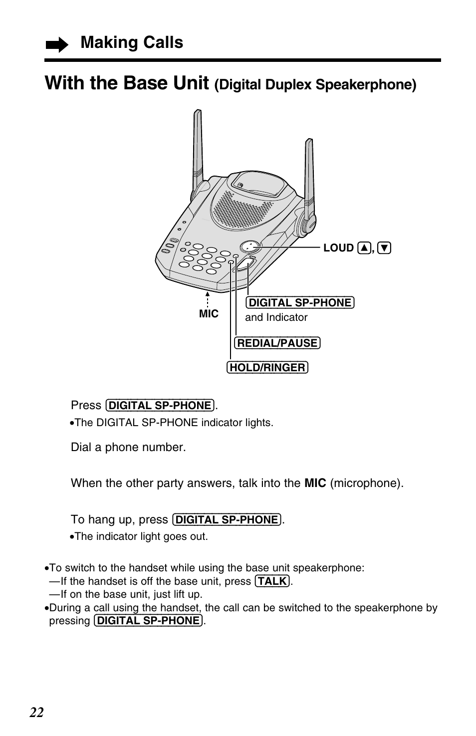 With the base unit, Making calls | Panasonic KX-TG2563F User Manual | Page 22 / 68