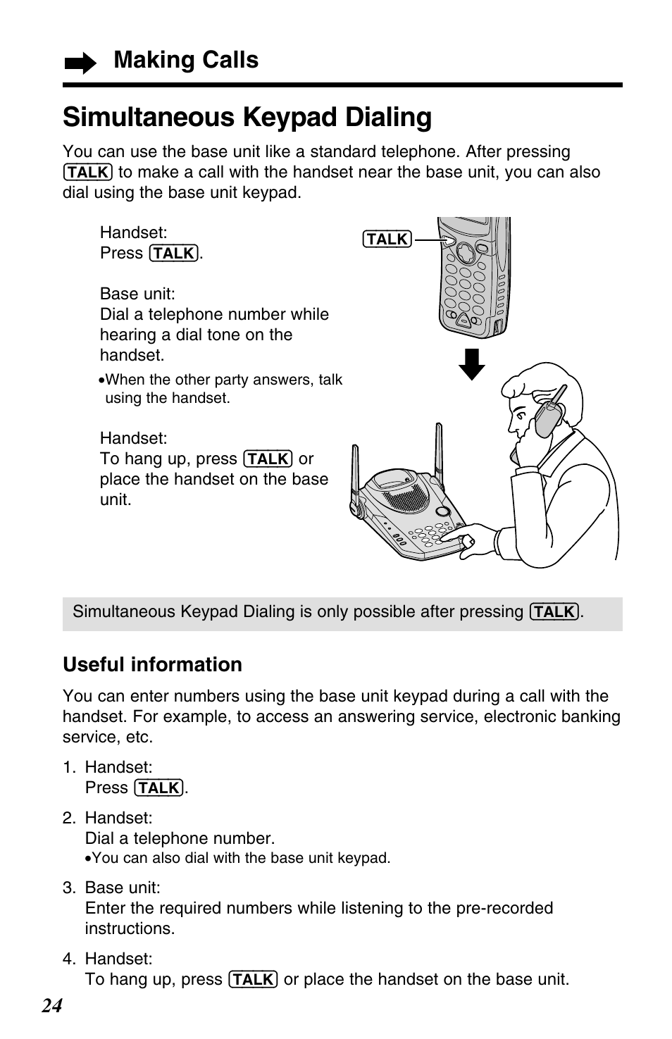 Simultaneous keypad dialing, Making calls | Panasonic KX-TG2563F User Manual | Page 24 / 68