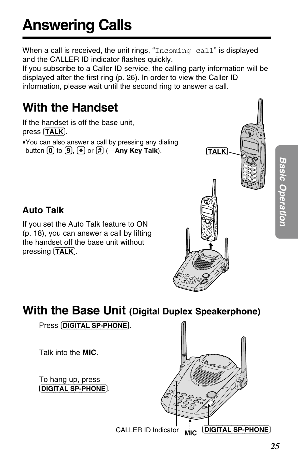 Answering calls, With the handset, With the base unit | Panasonic KX-TG2563F User Manual | Page 25 / 68