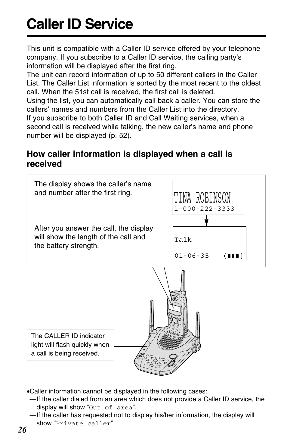 Caller id service, Tina robinson | Panasonic KX-TG2563F User Manual | Page 26 / 68