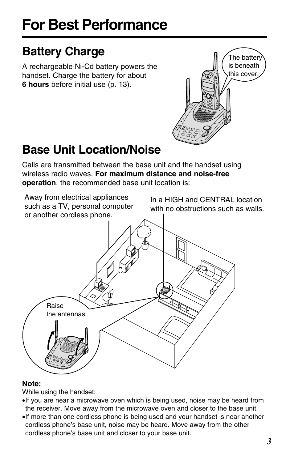 For best performance, Battery charge, Base unit location/noise | Panasonic KX-TG2563F User Manual | Page 3 / 68