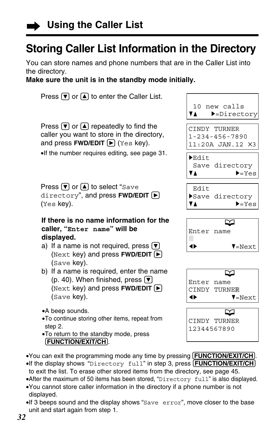 Storing caller list information in the directory, Using the caller list | Panasonic KX-TG2563F User Manual | Page 32 / 68