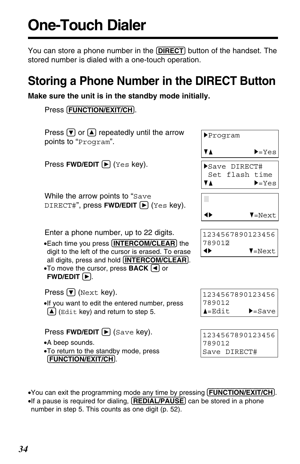 Advanced operation, One-touch dialer, Storing a phone number in the direct button | Panasonic KX-TG2563F User Manual | Page 34 / 68