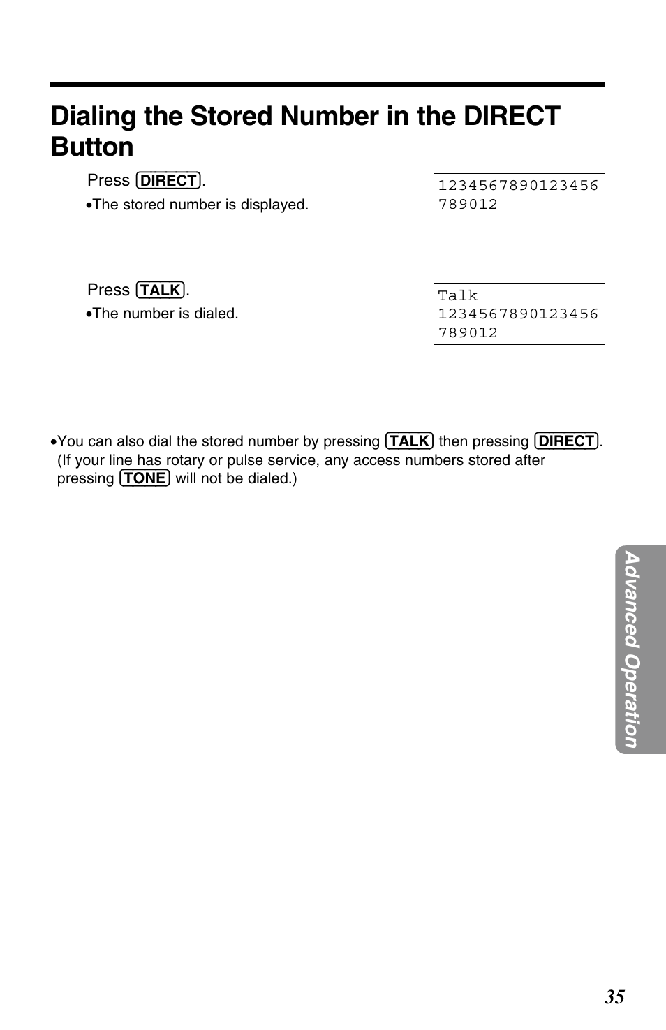 Dialing the stored number in the direct button | Panasonic KX-TG2563F User Manual | Page 35 / 68