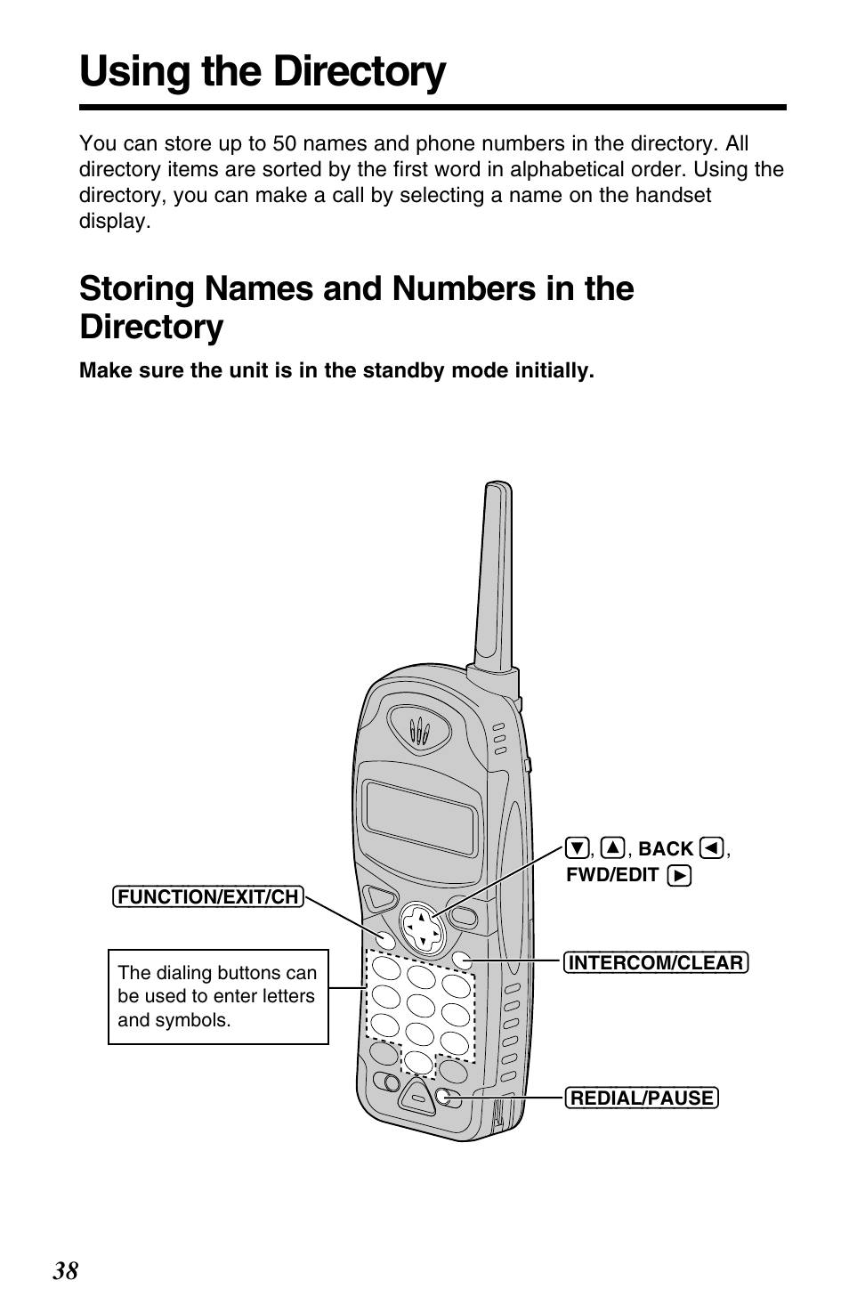 Using the directory, Storing names and numbers in the directory | Panasonic KX-TG2563F User Manual | Page 38 / 68