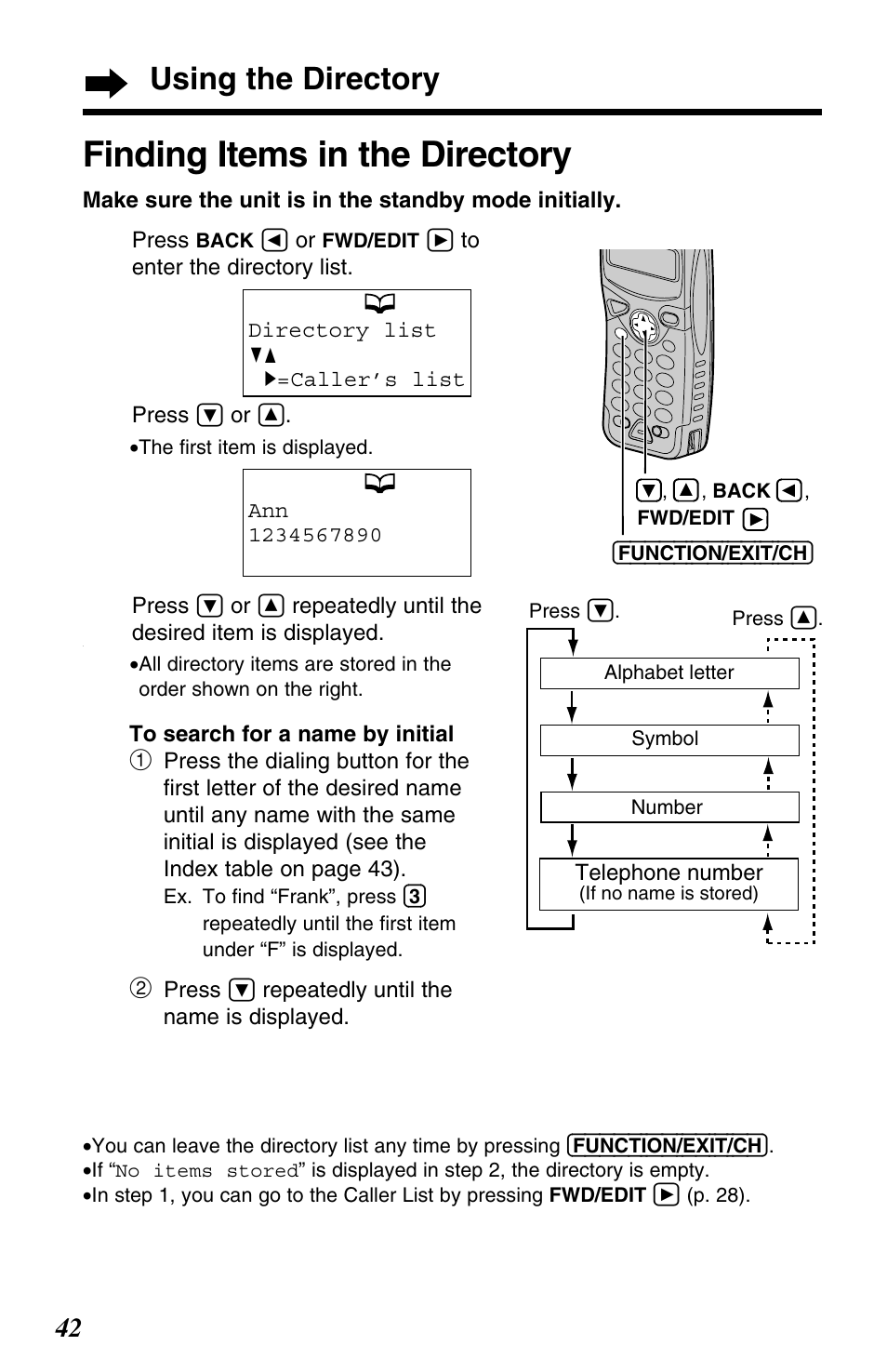 Finding items in the directory, Using the directory | Panasonic KX-TG2563F User Manual | Page 42 / 68