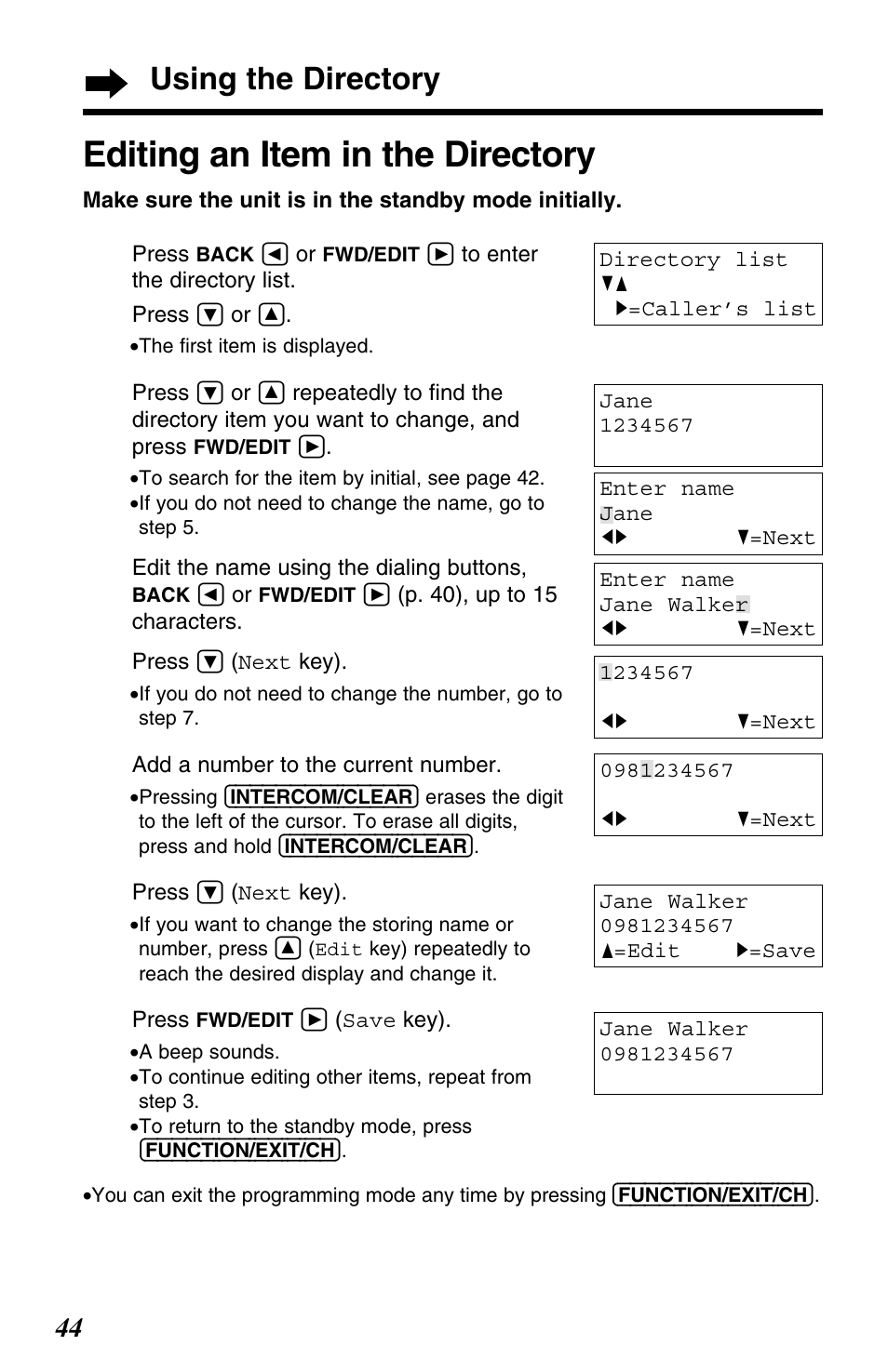 Editing an item in the directory, Using the directory | Panasonic KX-TG2563F User Manual | Page 44 / 68