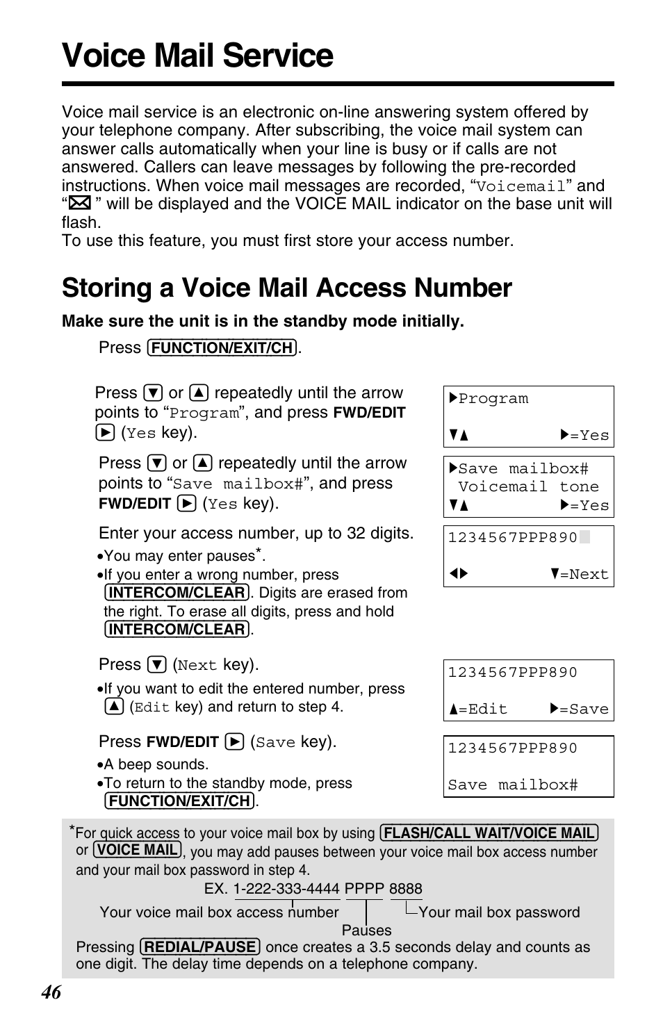 Voice mail service, Storing a voice mail access number | Panasonic KX-TG2563F User Manual | Page 46 / 68