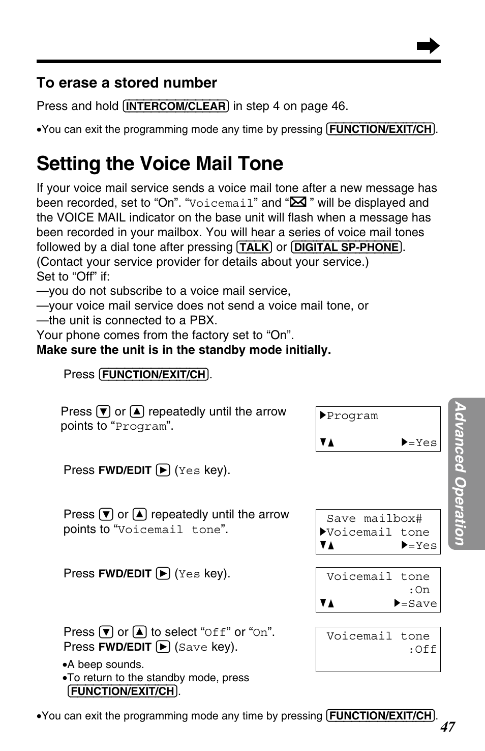 Setting the voice mail tone | Panasonic KX-TG2563F User Manual | Page 47 / 68