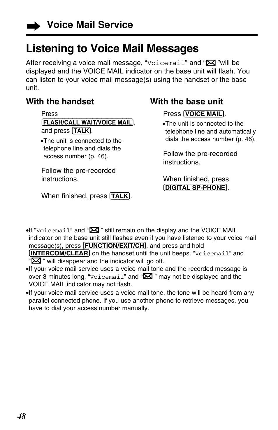 Listening to voice mail messages, Voice mail service | Panasonic KX-TG2563F User Manual | Page 48 / 68