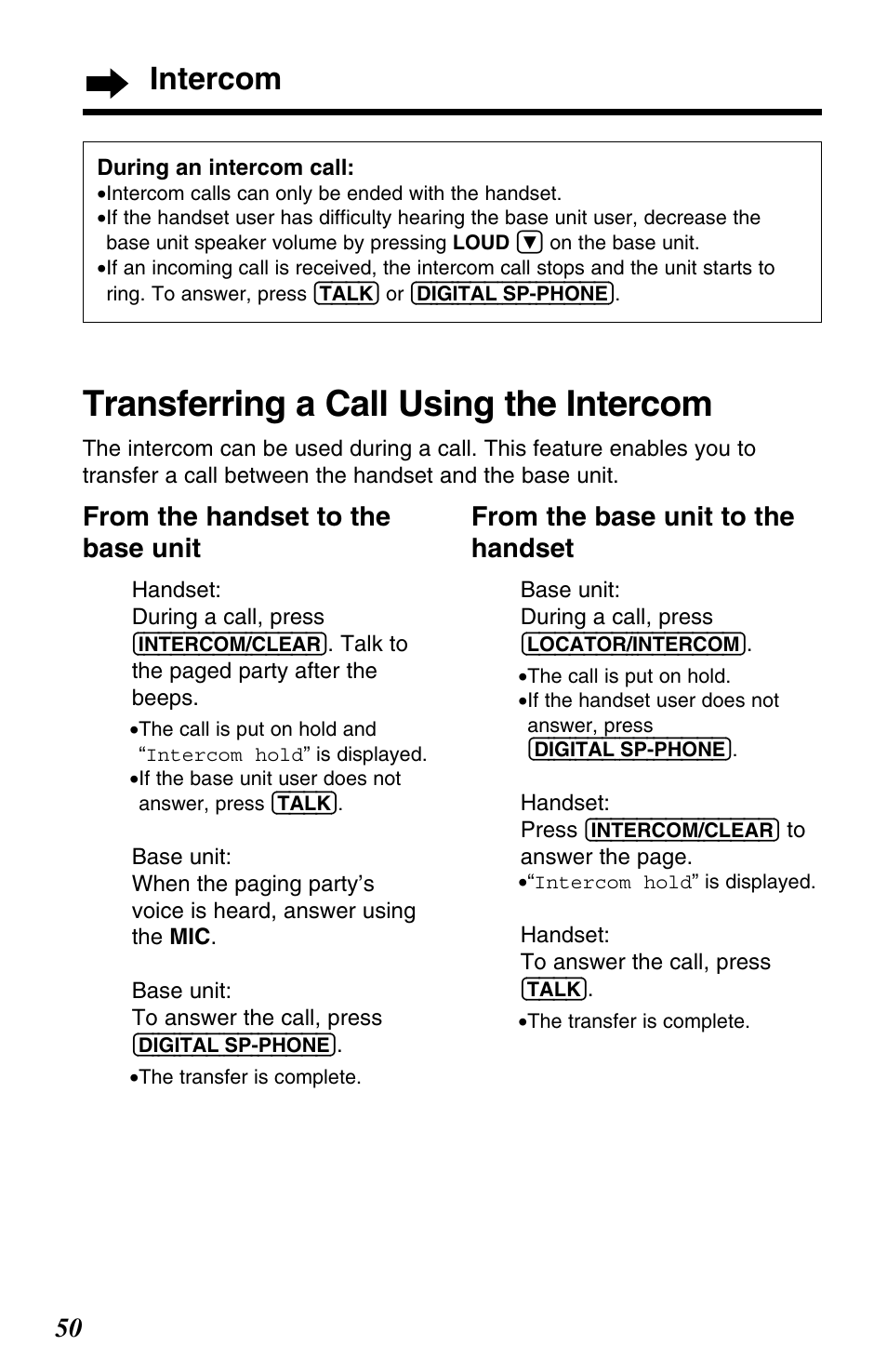 Transferring a call using the intercom, Intercom | Panasonic KX-TG2563F User Manual | Page 50 / 68
