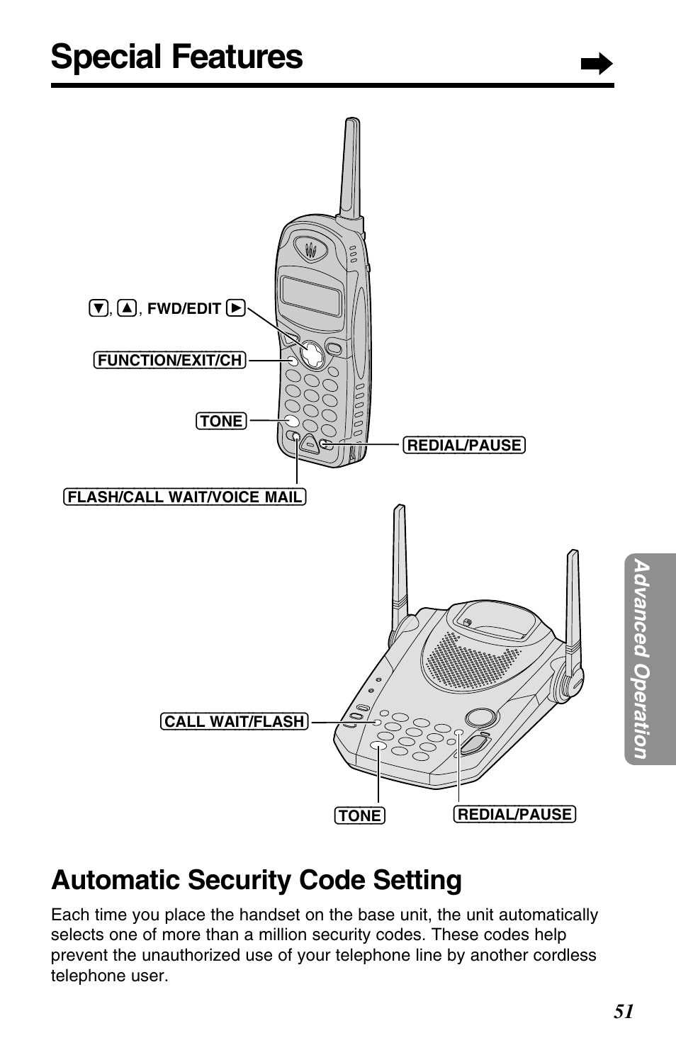Special features, Automatic security code setting | Panasonic KX-TG2563F User Manual | Page 51 / 68