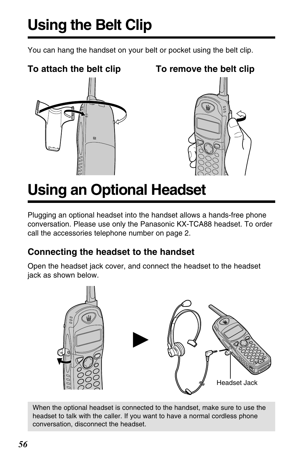 Using the belt clip, Using an optional headset, Using the belt clip using an optional headset | Panasonic KX-TG2563F User Manual | Page 56 / 68