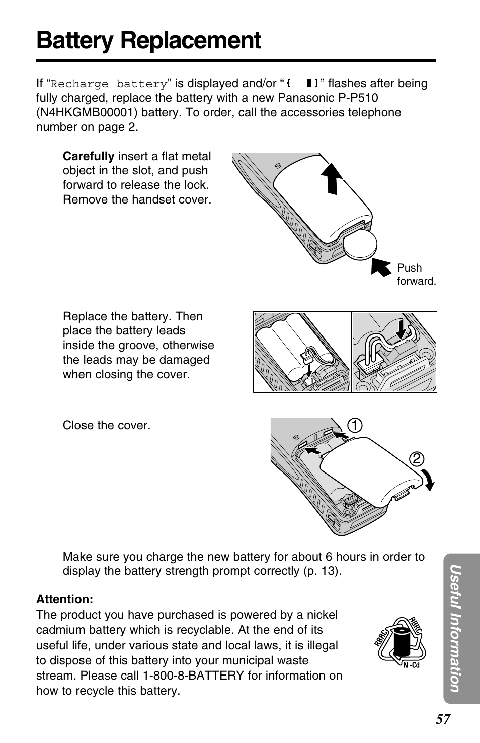 Batter replacement, Battery replacement | Panasonic KX-TG2563F User Manual | Page 57 / 68