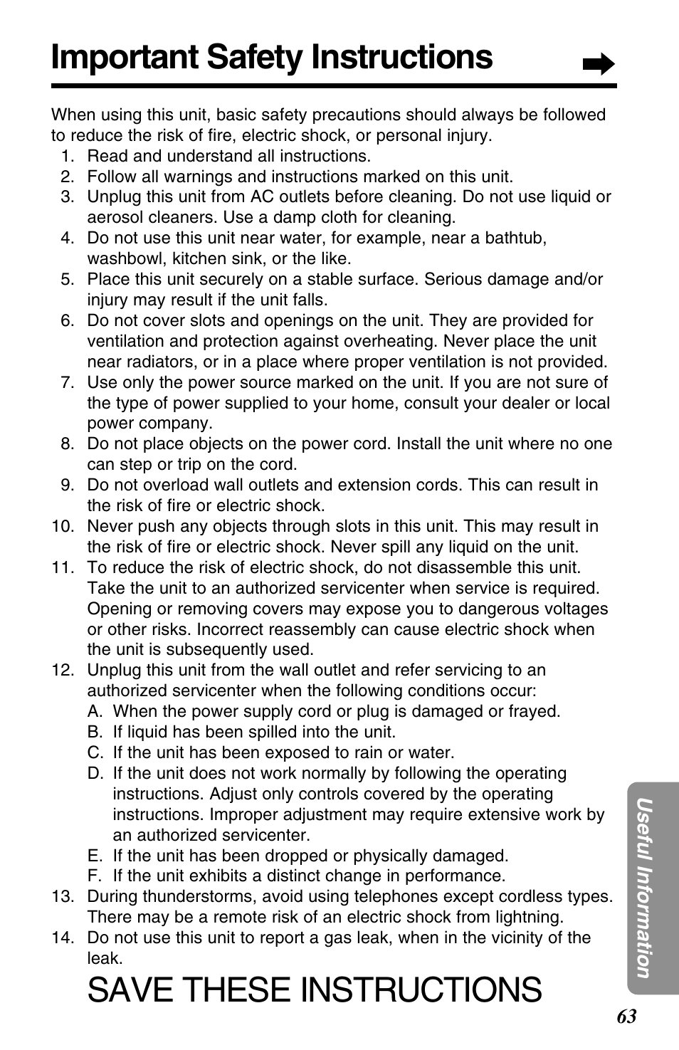 Important safety instructions, Save these instructions | Panasonic KX-TG2563F User Manual | Page 63 / 68