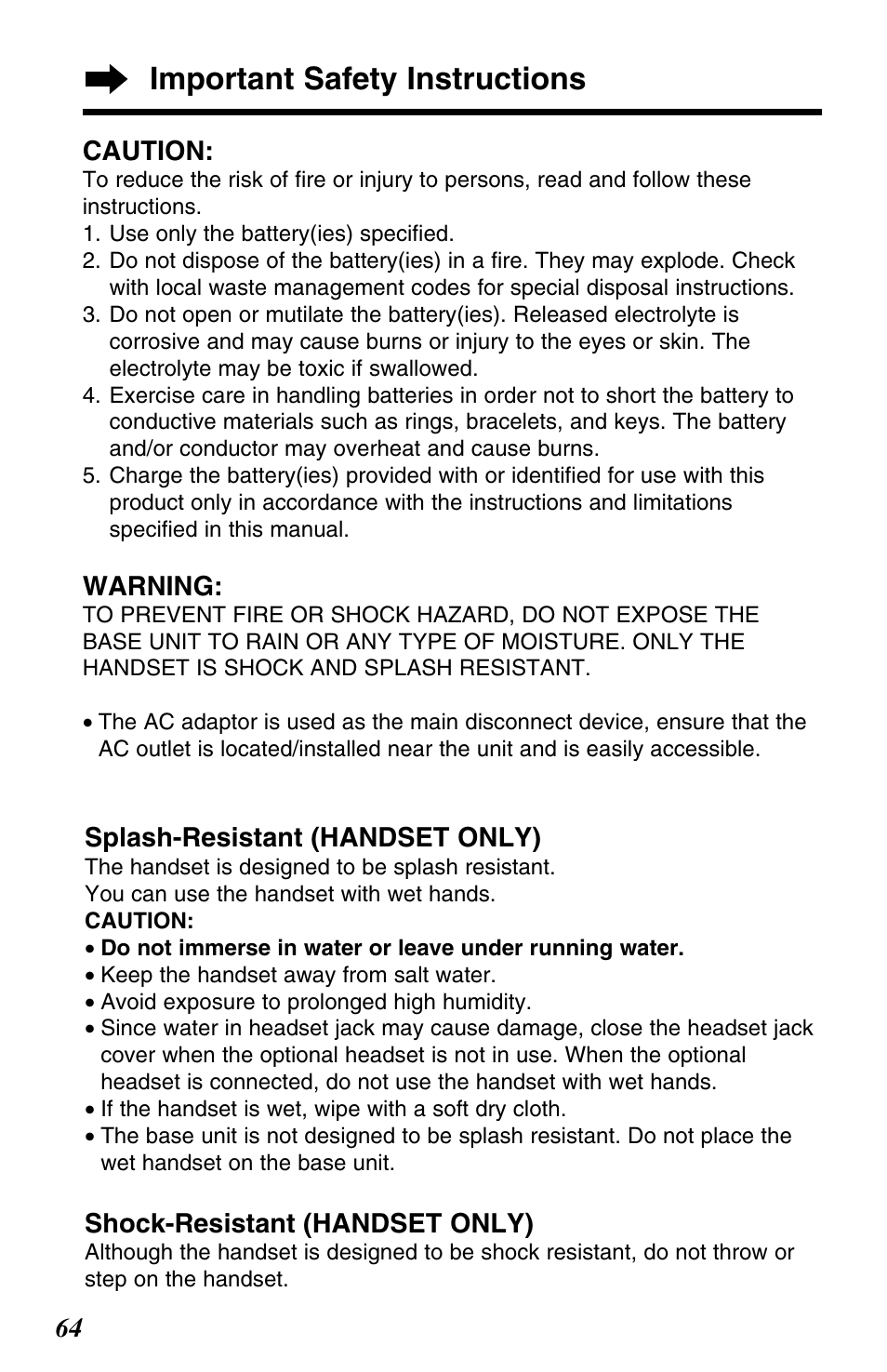 Important safety instructions | Panasonic KX-TG2563F User Manual | Page 64 / 68