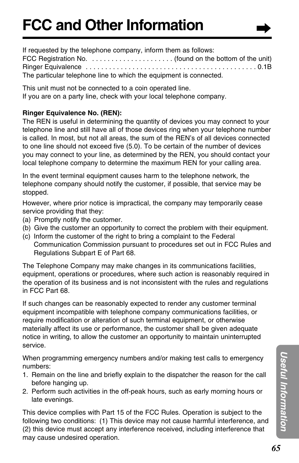 Fcc and other information, 65 useful information | Panasonic KX-TG2563F User Manual | Page 65 / 68