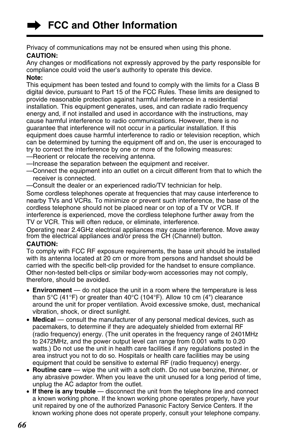 Fcc and other information | Panasonic KX-TG2563F User Manual | Page 66 / 68