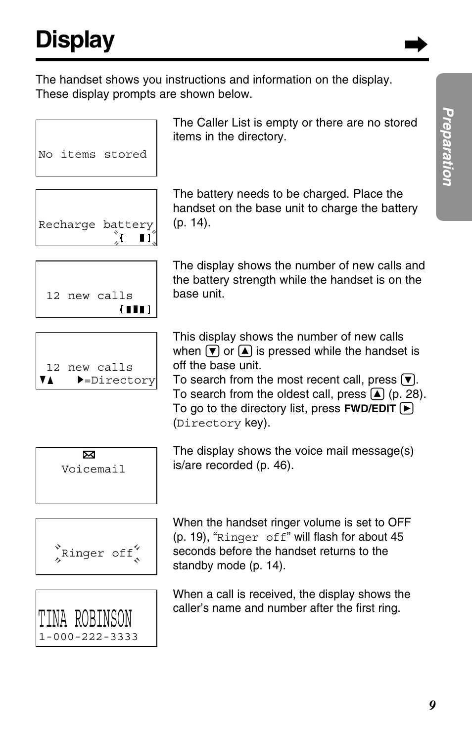 Display, Tina robinson | Panasonic KX-TG2563F User Manual | Page 9 / 68