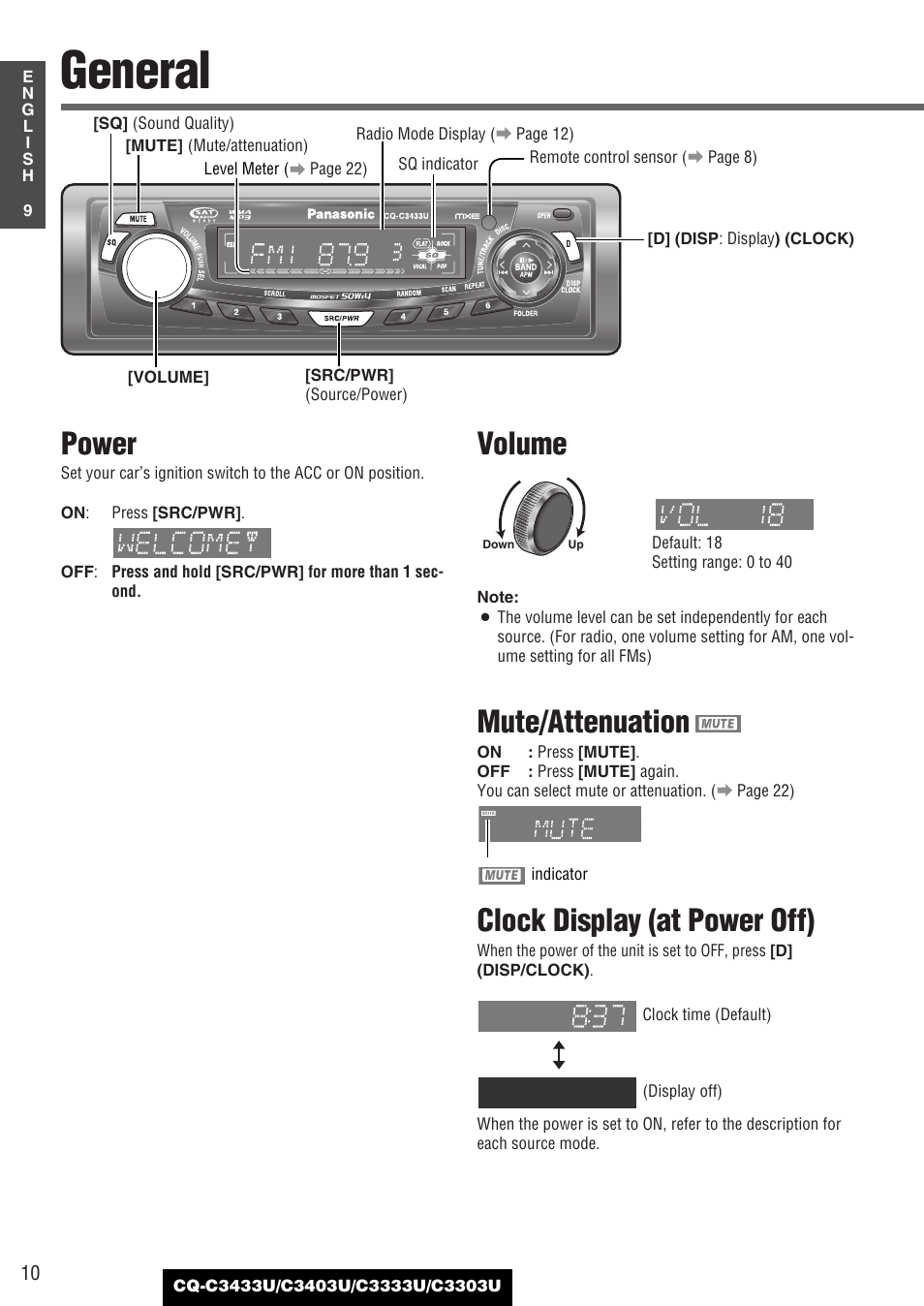 General, Power, Volume | Mute/attenuation, Clock display (at power off) | Panasonic C3303U User Manual | Page 10 / 90