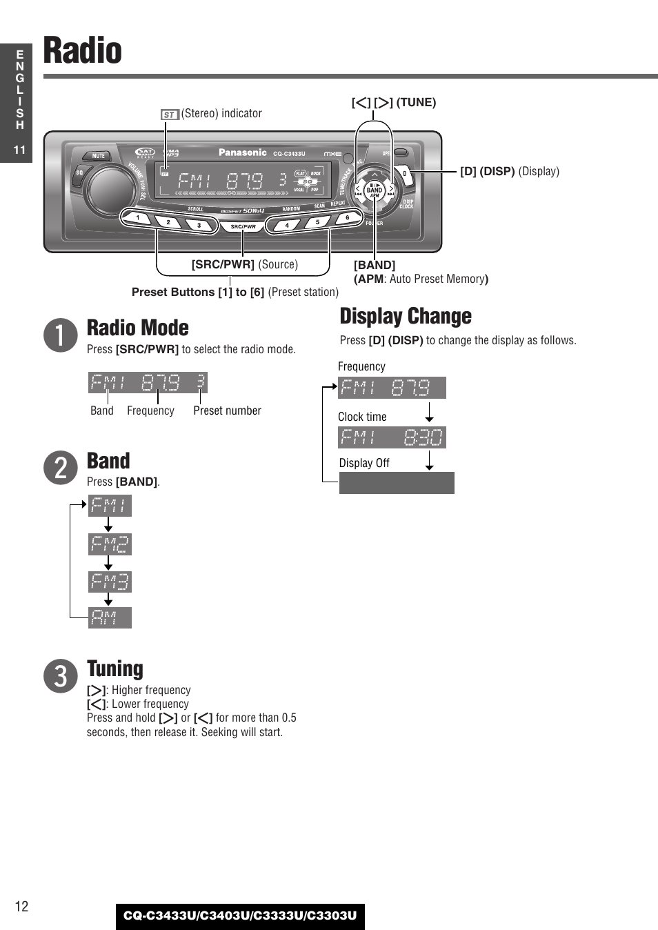Each source, Radio, Radio mode | Band, Tuning, Display change | Panasonic C3303U User Manual | Page 12 / 90
