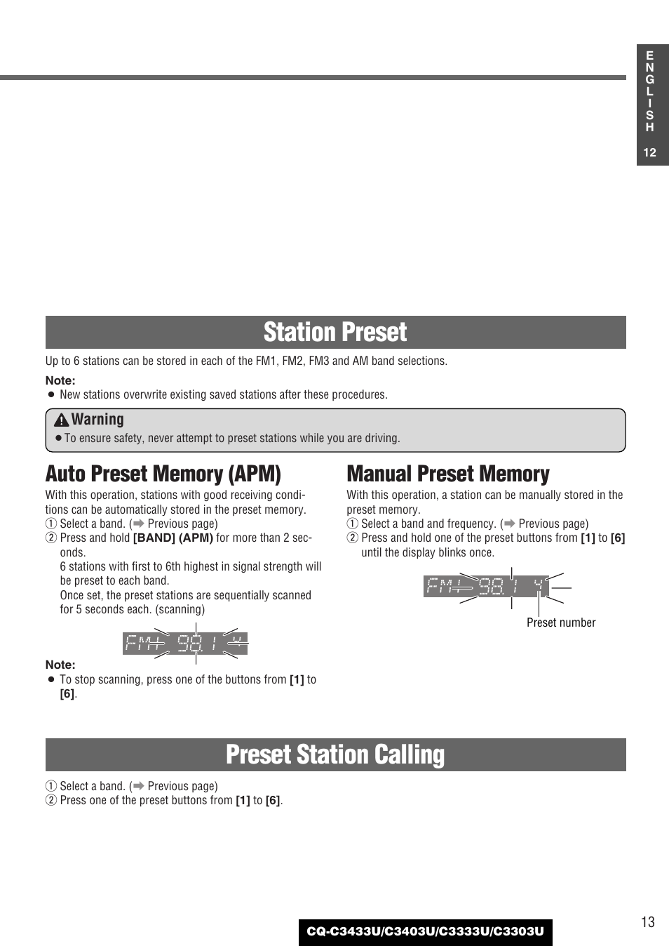 Station preset, Preset station calling | Panasonic C3303U User Manual | Page 13 / 90