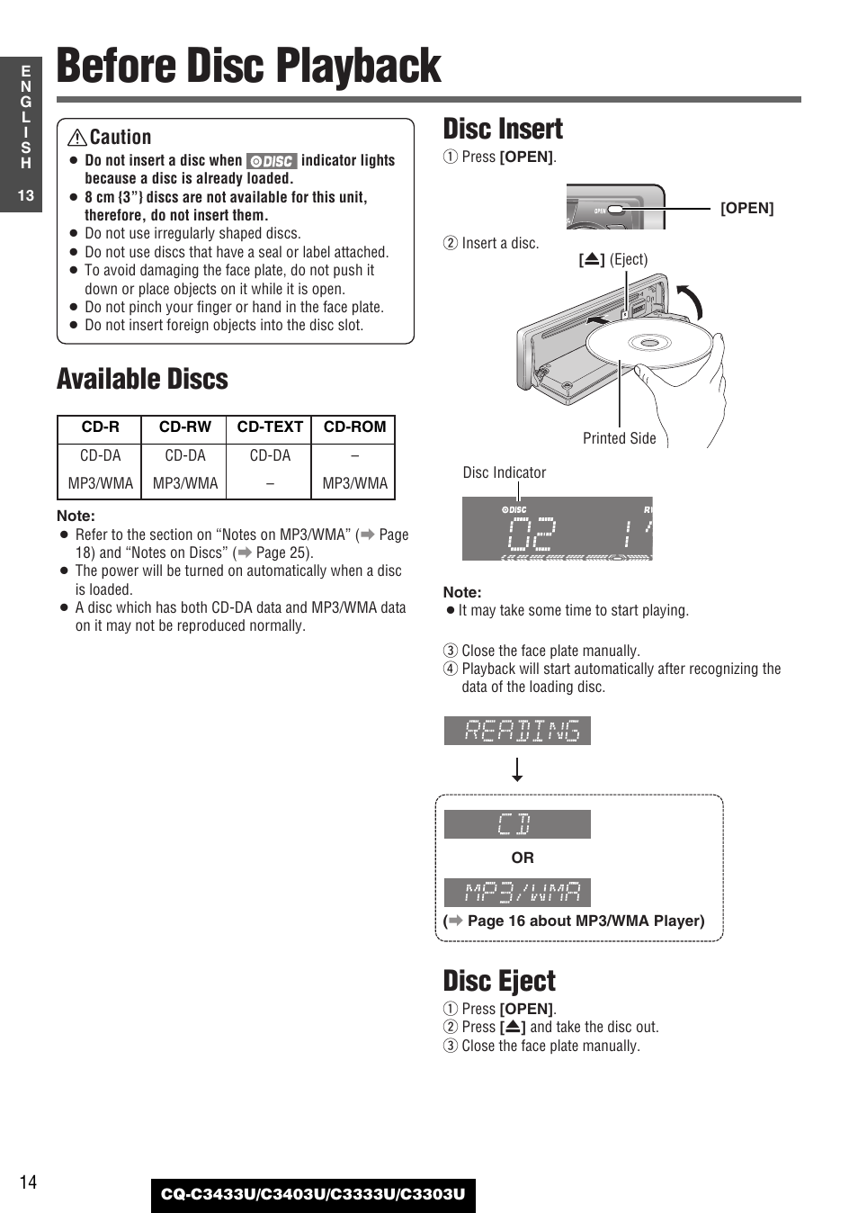 Before disc playback, Disc insert, Disc eject | Available discs, Caution | Panasonic C3303U User Manual | Page 14 / 90