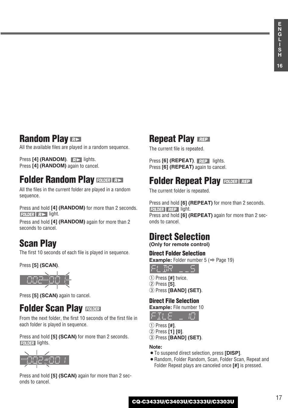 Random play, Folder random play, Scan play | Folder scan play, Repeat play, Folder repeat play, Direct selection | Panasonic C3303U User Manual | Page 17 / 90