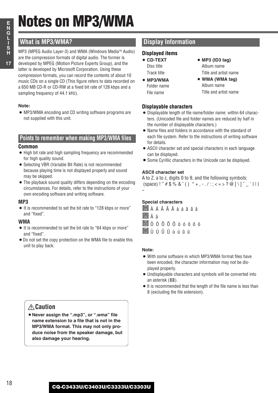 Notes on mp3/wma, What is mp3/wma, Points to remember when making mp3/wma files | Display information, Caution | Panasonic C3303U User Manual | Page 18 / 90