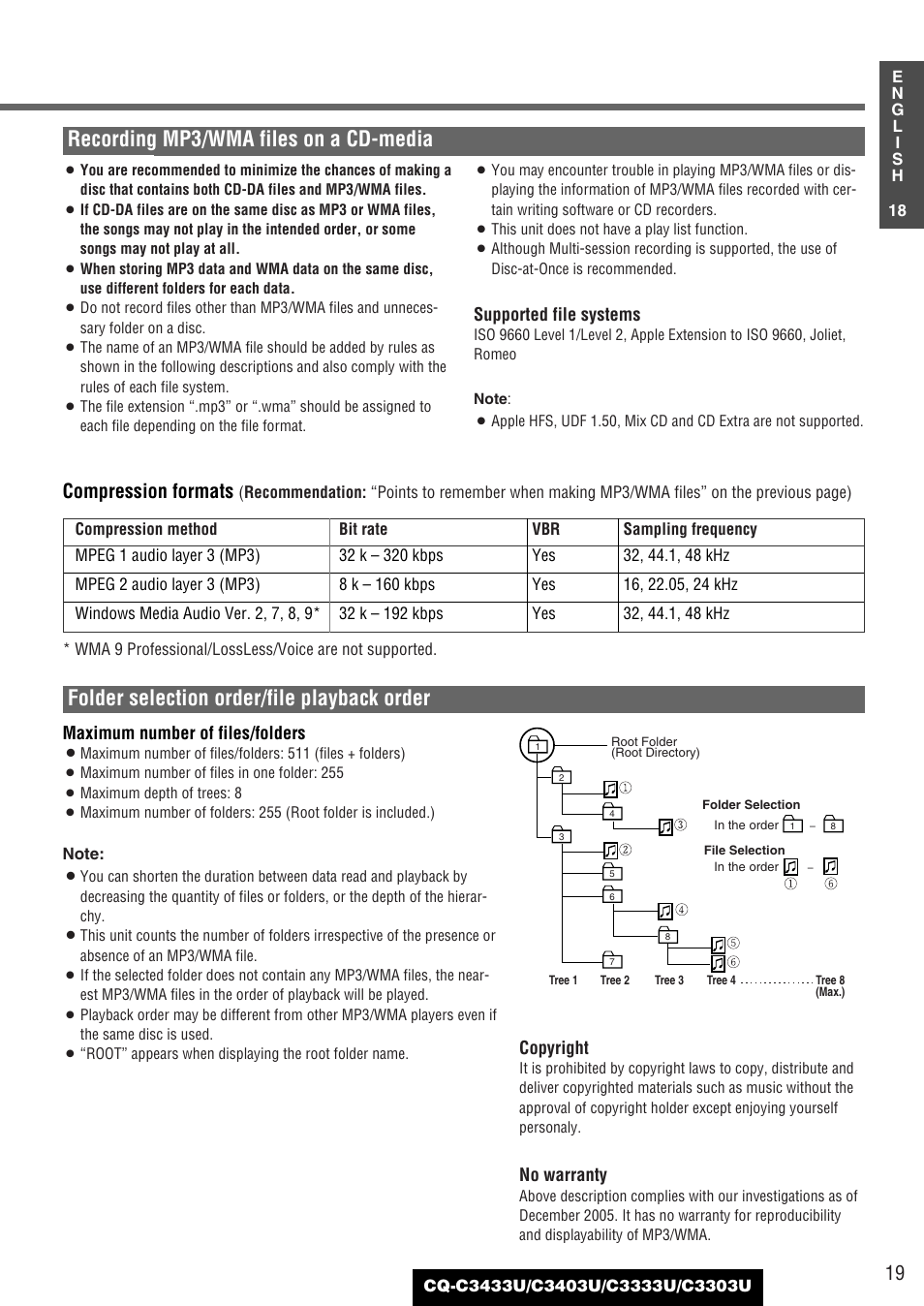 Recording mp3/wma files on a cd-media, Compression formats | Panasonic C3303U User Manual | Page 19 / 90