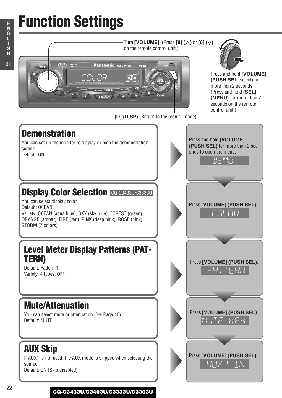 Function settings, Mute/attenuation, Demonstration | Level meter display patterns (pat- tern), Aux skip, Display color selection | Panasonic C3303U User Manual | Page 22 / 90